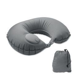 Almohada de viaje inflable ecológica HEDDOW con inflador integrado, hecha con PET reciclado y broche de sujeción frontal.