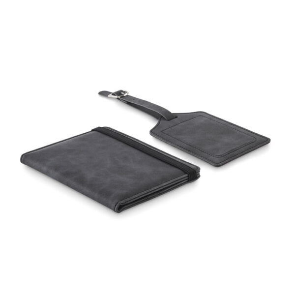 Set de viaje personalizado con porta pasaporte y etiqueta de equipaje en PU negro con logotipo corporativo