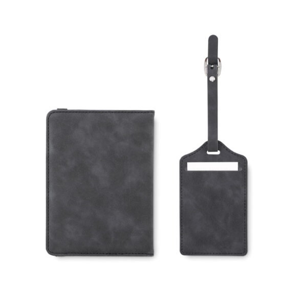 Set de viaje personalizado con porta pasaporte y etiqueta de equipaje en PU negro con logotipo corporativo