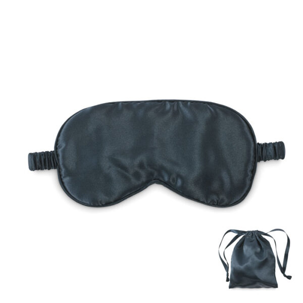 Antifaz negro de poliéster con estuche de satén, ideal para viajes y descanso personalizado