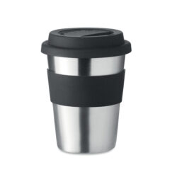 Vaso reutilizable de acero inoxidable IRMUG con tapa y banda de silicona negra, ideal para bebidas calientes o frías y personalización promocional.