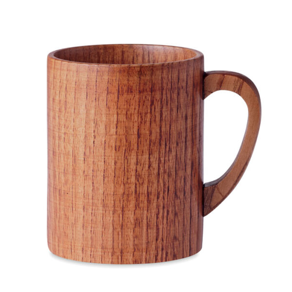 Taza de madera personalizada TRAVIS con logo grabado en láser y acabado natural, ideal para regalos ecológicos corporativos.