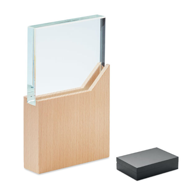 Placa conmemorativa personalizada de cristal con base de madera de haya y grabado láser