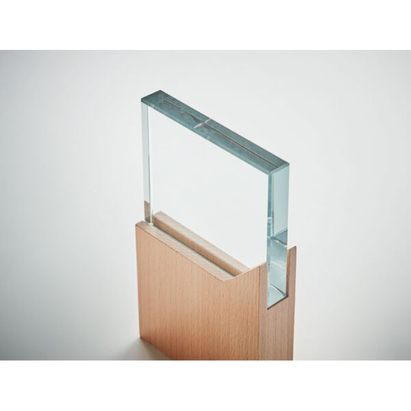 Placa conmemorativa personalizada de cristal con base de madera de haya y grabado láser