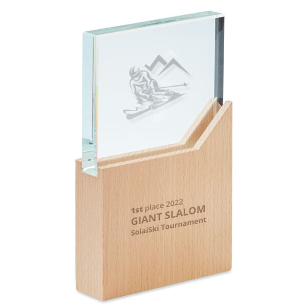 Placa conmemorativa personalizada de cristal con base de madera de haya y grabado láser