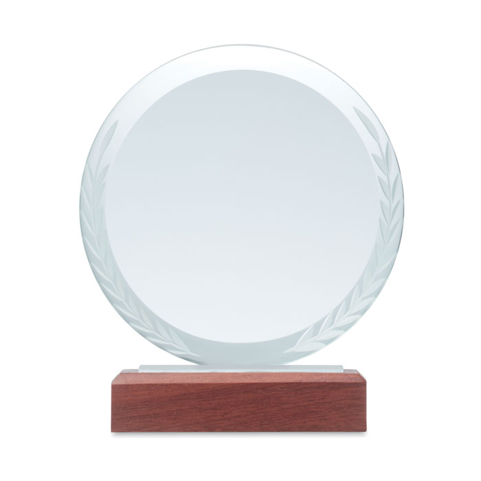 Trofeo circular de cristal óptico con base de madera natural y grabado decorativo de laurel