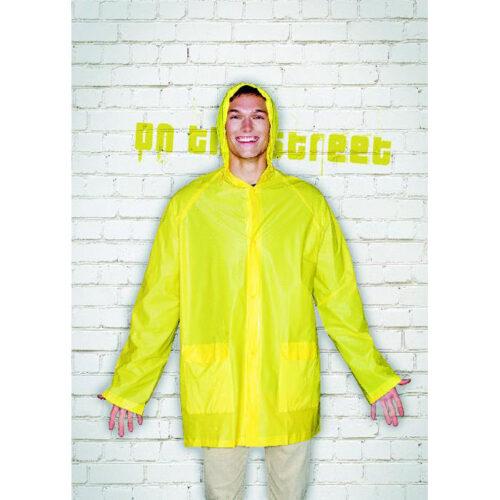 Impermeable personalizado con capucha modelo PROTECT, fabricado en PVC con bolsillos, ideal para eventos al aire libre y branding en días lluviosos.