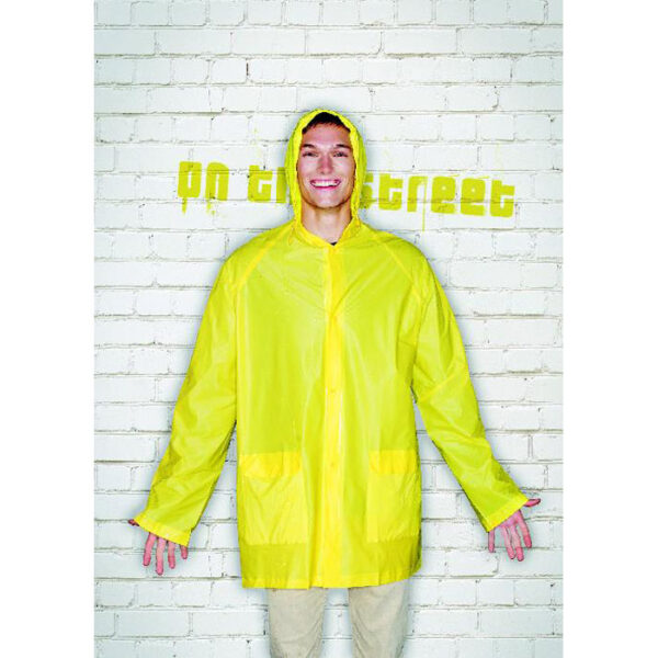 Impermeable personalizado con capucha modelo PROTECT, fabricado en PVC con bolsillos, ideal para eventos al aire libre y branding en días lluviosos.