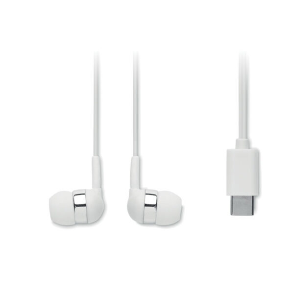 Auriculares con conector Tipo C personalizados MUSISOFT C en estuche compacto con accesorios de silicona.