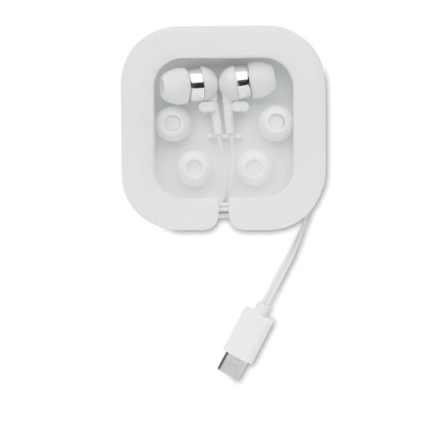 Auriculares con conector Tipo C personalizados MUSISOFT C en estuche compacto con accesorios de silicona.