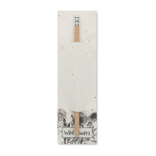 Lápiz ecológico PENSEED con goma de borrar, envuelto en papel de semillas de flores silvestres, ideal como regalo promocional sostenible y original.