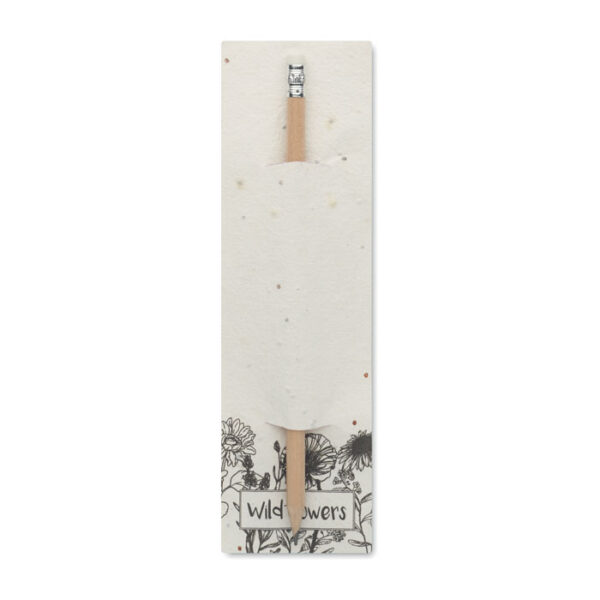 Lápiz ecológico PENSEED con goma de borrar, envuelto en papel de semillas de flores silvestres, ideal como regalo promocional sostenible y original.