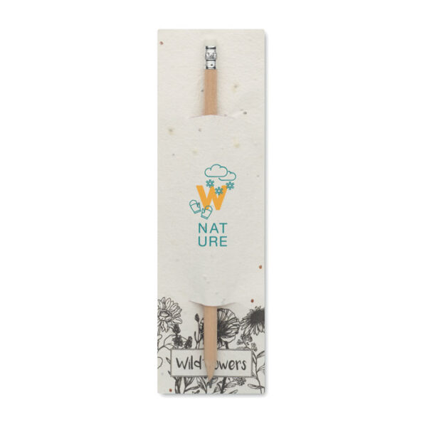 Lápiz ecológico PENSEED con goma de borrar, envuelto en papel de semillas de flores silvestres, ideal como regalo promocional sostenible y original.