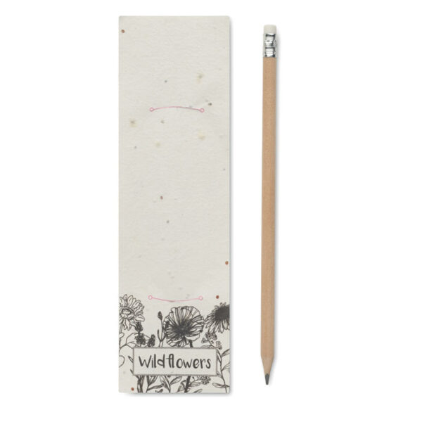 Lápiz ecológico PENSEED con goma de borrar, envuelto en papel de semillas de flores silvestres, ideal como regalo promocional sostenible y original.