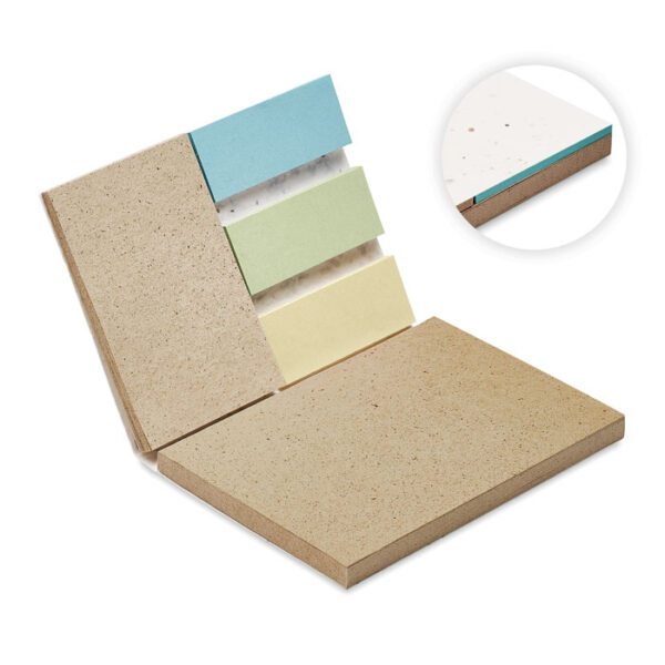 Bloc ecológico con tapa de semillas plantables, papel de hierba y marcadores de colores, ideal para promociones sostenibles y branding responsable.