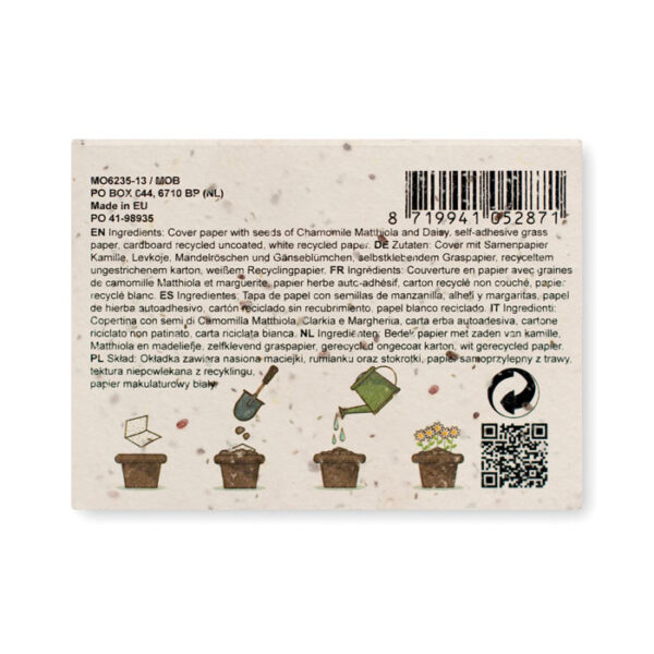 Bloc ecológico con tapa de semillas plantables, papel de hierba y marcadores de colores, ideal para promociones sostenibles y branding responsable.