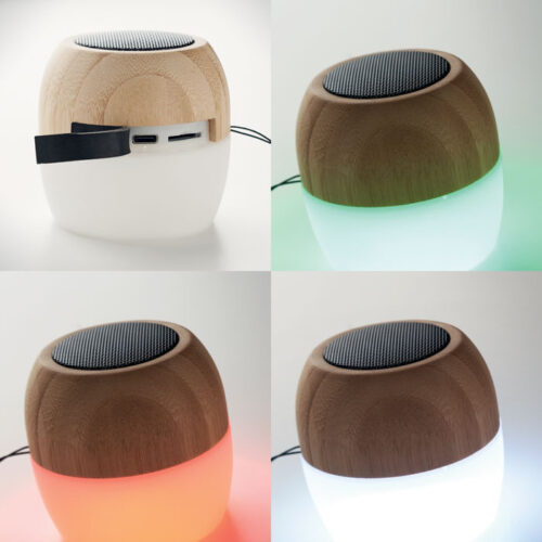 Bocina inalámbrica de bambú personalizada CLEVELAND con luz LED y correa.