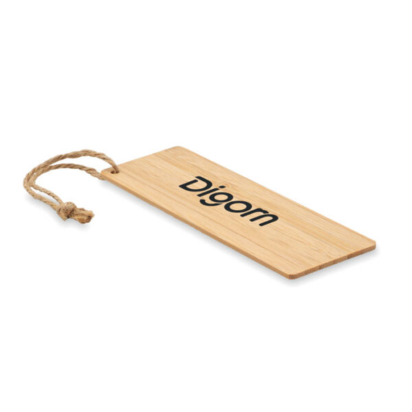 Separador de páginas ecológico personalizado en bambú con cordón de yute, ideal para eventos literarios y campañas de sostenibilidad corporativa
