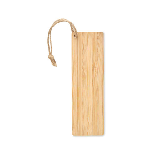 Separador de páginas ecológico personalizado en bambú con cordón de yute, ideal para eventos literarios y campañas de sostenibilidad corporativa