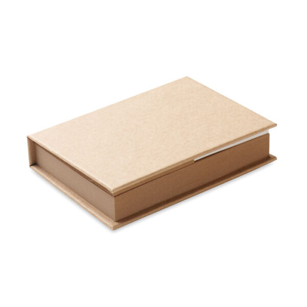 Bloc de notas adhesivas ecológico con tapas kraft y marcadores de colores reciclados, ideal para promociones sostenibles.