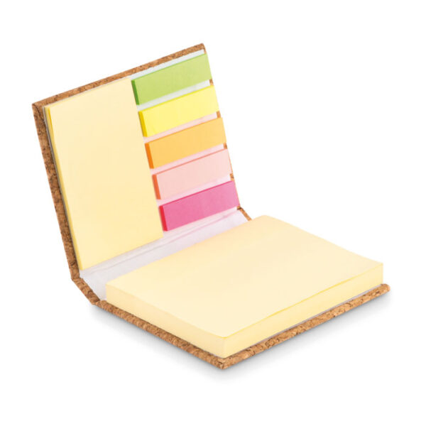 Set ecológico de notas adhesivas con tapa de corcho natural, ideal para oficina y uso promocional.