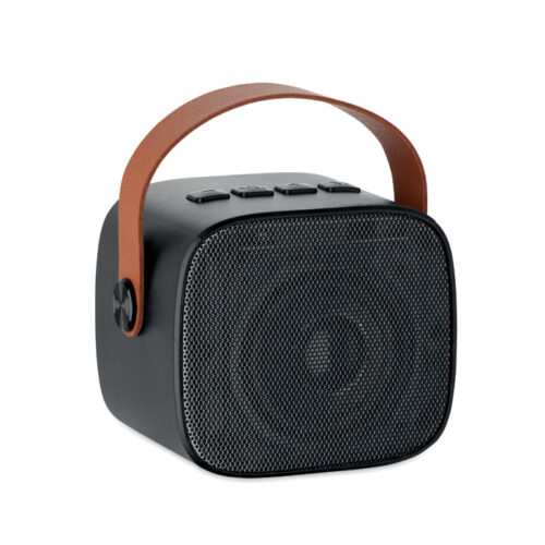 Bocina portátil ecológica KARASETA de ABS reciclado con asa de PU, Bluetooth y diseño retro compacto