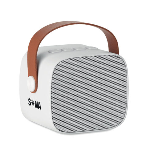 Bocina portátil ecológica KARASETA de ABS reciclado con asa de PU, Bluetooth y diseño retro compacto
