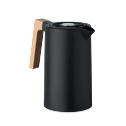 Jarra térmica de acero reciclado con asa de madera y acabado negro mate, ideal para café o té, perfecta para regalos corporativos sostenibles.