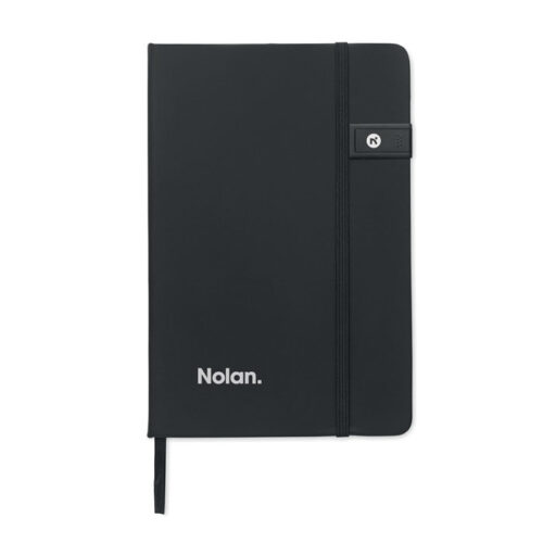 Libreta con USB integrada de 16 GB, tapa dura reciclada y papel certificado FSC®.