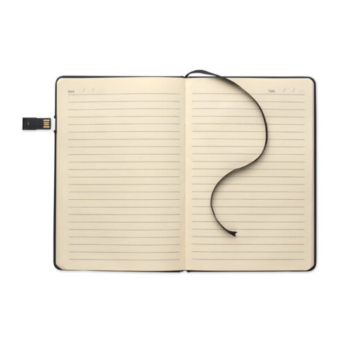 Libreta con USB integrada de 16 GB, tapa dura reciclada y papel certificado FSC®.