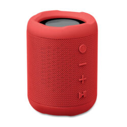 Bocina inalámbrica fabricada en ABS y tejido RPET, diseño cilíndrico con Bluetooth 5.0 y sonido de 5W, ideal para regalos corporativos sostenibles.