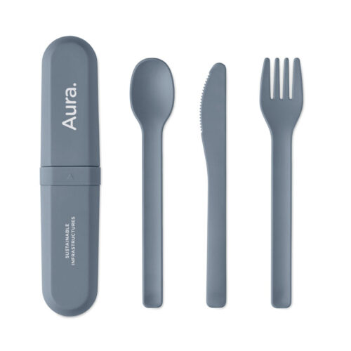 Set de cubiertos reutilizables en PLA de maíz biodegradable con estuche portátil, diseño moderno y personalizable para regalos corporativos eco-friendly.