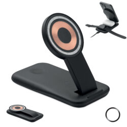 Base de carga inalámbrica triple PENDOLESS en ABS, con soporte magnético para teléfono, cargador TWS y smartwatch, diseño plegable y personalizable.