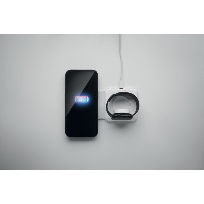 Base de carga plegable FLIP blanca 2 en 1 cargando teléfono y Apple Watch