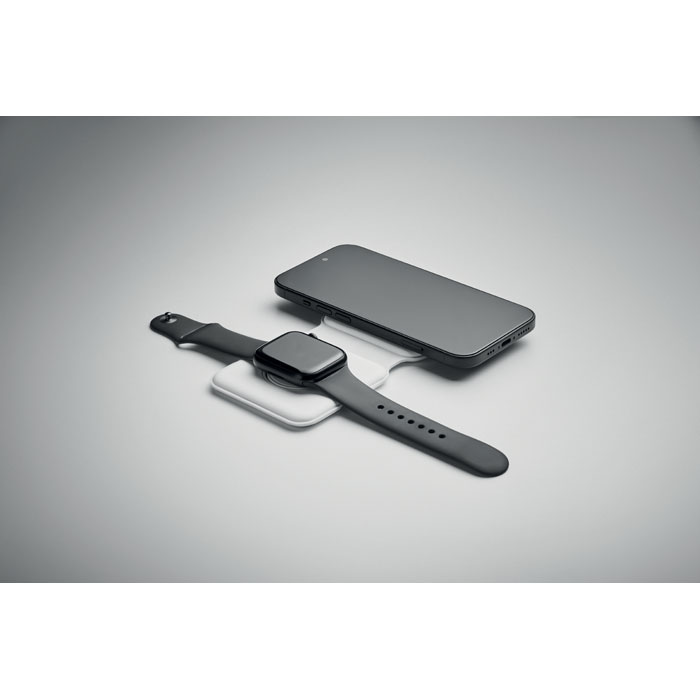 Base de carga plegable FLIP blanca 2 en 1 cargando teléfono y Apple Watch