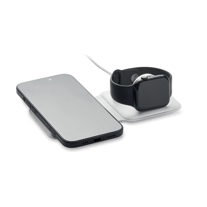 Base de carga plegable FLIP blanca 2 en 1 cargando teléfono y Apple Watch