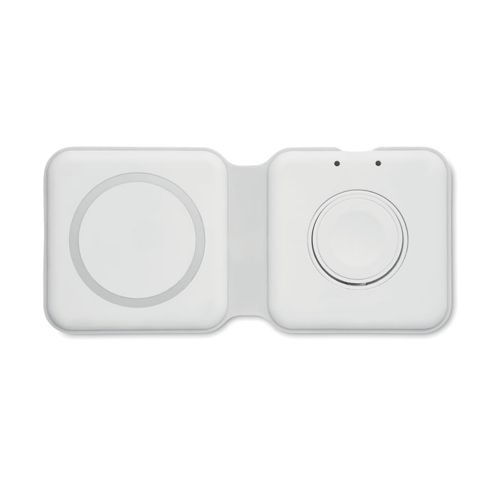 Base de carga plegable FLIP blanca 2 en 1 cargando teléfono y Apple Watch