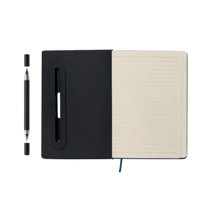 Libreta A5 RINBOOK azul de RPET con soporte para teléfono y bolígrafo