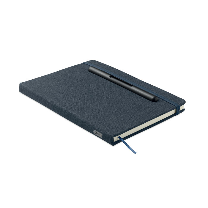 Libreta A5 RINBOOK azul de RPET con soporte para teléfono y bolígrafo