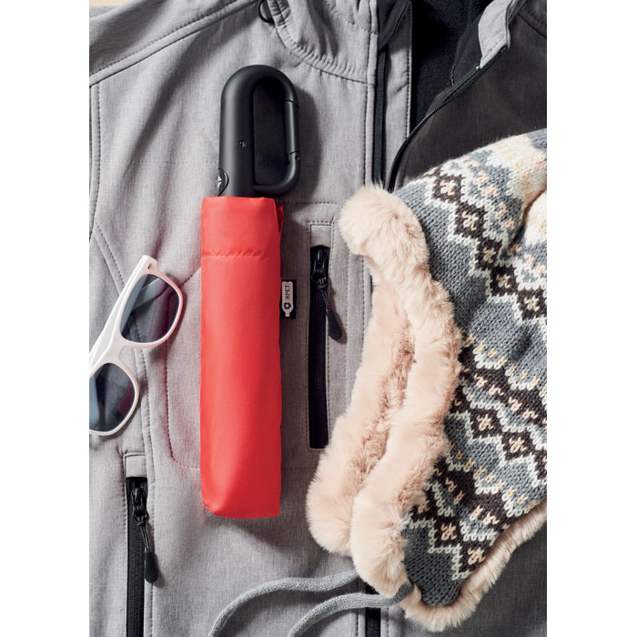 Paraguas UMKRAB rojo anti viento automático con paneles RPET y mango de mosquetón