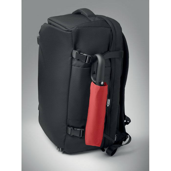 Paraguas UMKRAB rojo anti viento automático con paneles RPET y mango de mosquetón