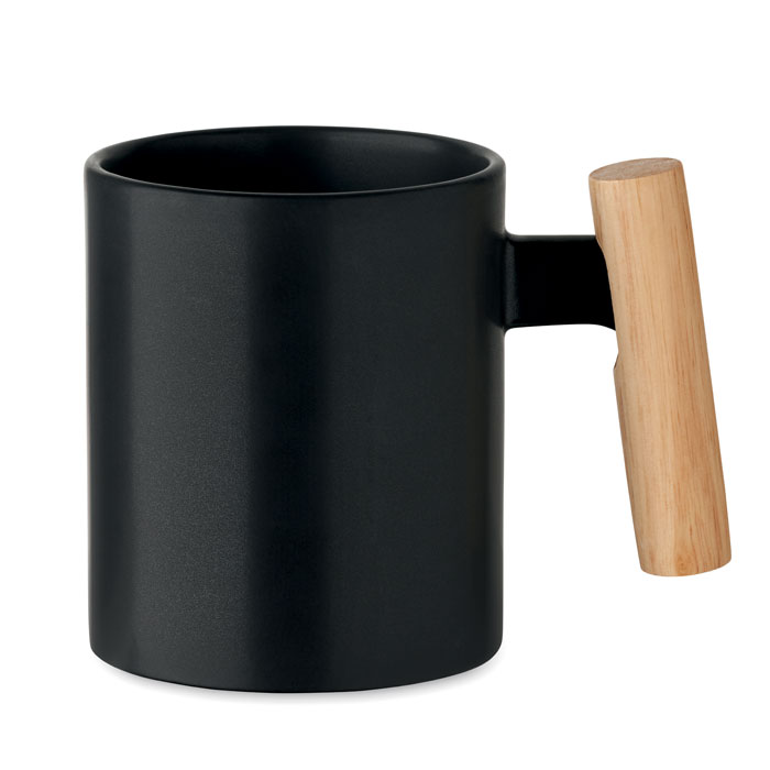 Taza de cerámica negra CRENATE con asa de madera natural