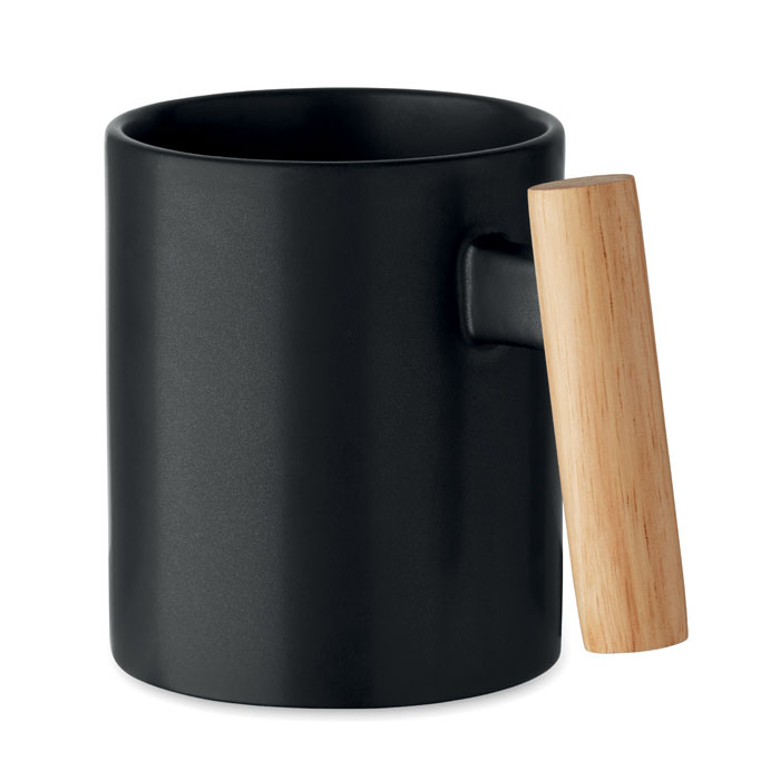 Taza de cerámica negra CRENATE con asa de madera natural