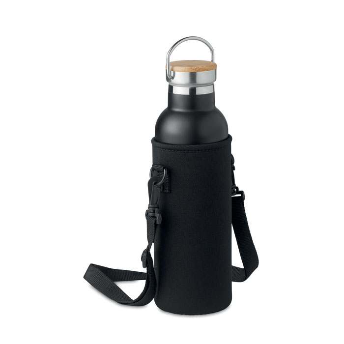 Botella térmica TIKSI negra de 700ml con funda de neopreno y tapa de madera