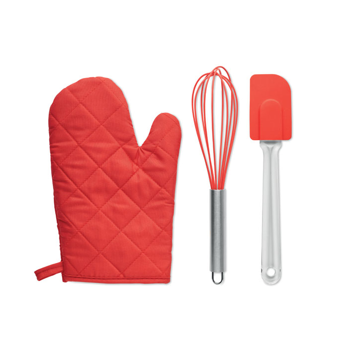 Set de utensilios para hornear DATEKI rojo: guante de horno, batidor de metal y espátula de silicona