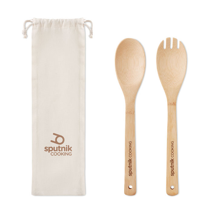 Set de 2 utensilios para ensalada MAYEN SET de madera de bambú con bolsa de algodón