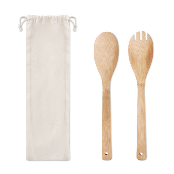 Set de 2 utensilios para ensalada MAYEN SET de madera de bambú con bolsa de algodón