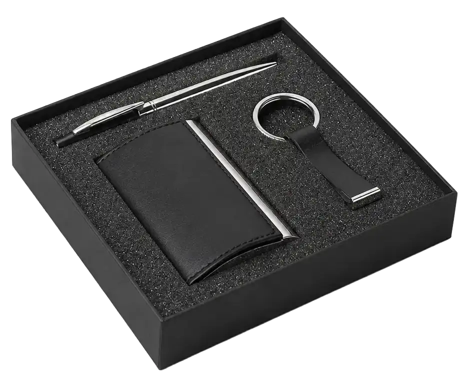 Kit corporativo ejecutivo con bolígrafo, tarjetero y llavero