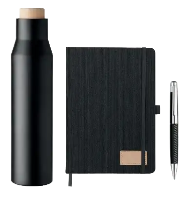 Kit corporativo con botella, libreta y bolígrafo