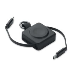 Cable retráctil USB-C de 100W negro con llavero y cargador de smartwatch integrado